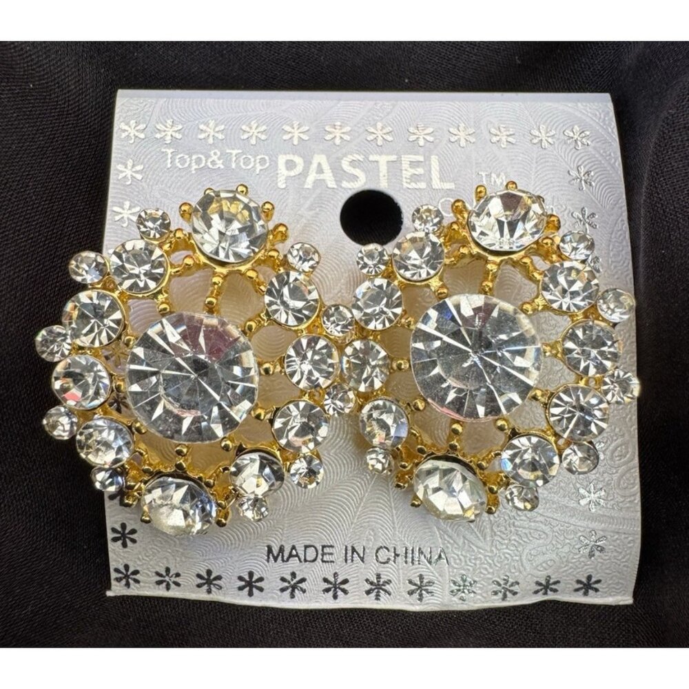 Pastel Curved CZ Stone Crystal Goldtone Rhinestone Earrings Party NEW